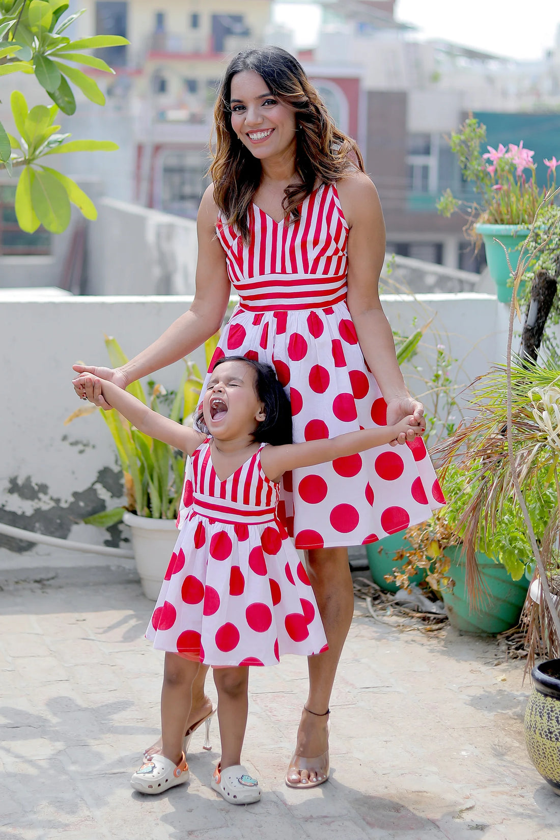 Radiant Red Polka Dot Matching Dresses for Mom and Daughter