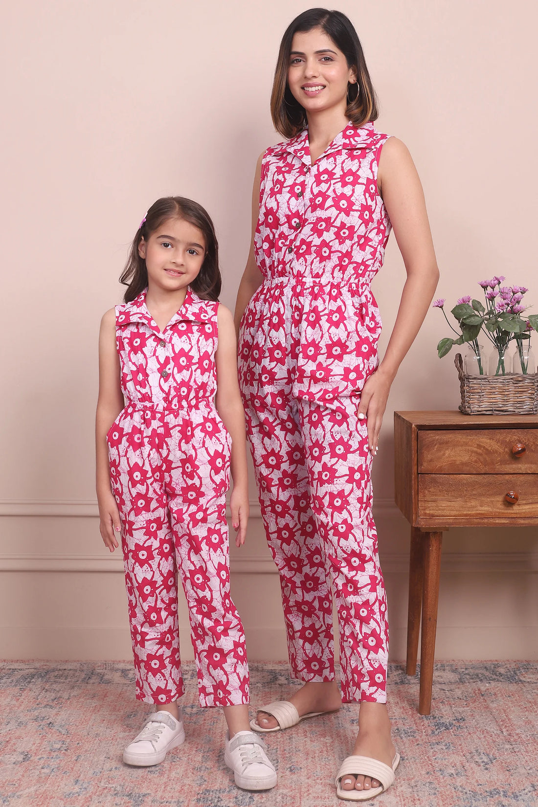 Fashionably Fuchsia: Sleeveless Collared Cotton Jumpsuit Mom and Daughter Twinning Set