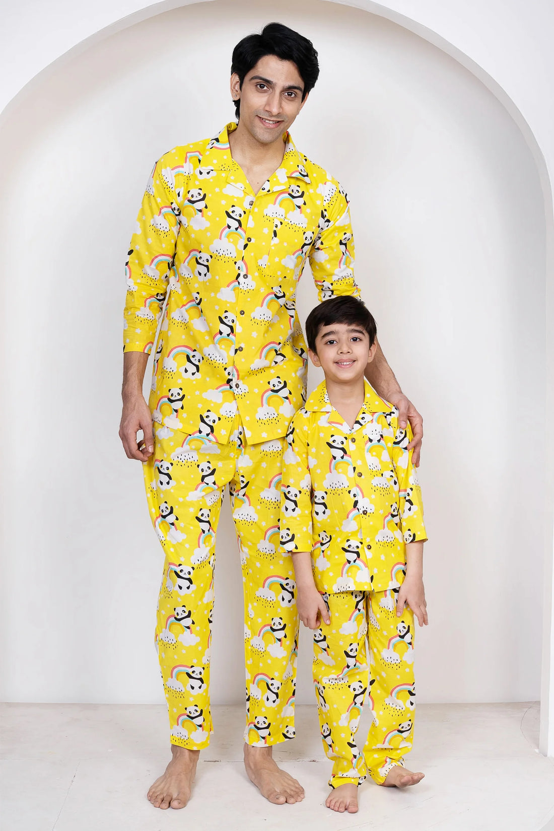 Lemony Yellow and White Floral Night Suit Set For Father and Son