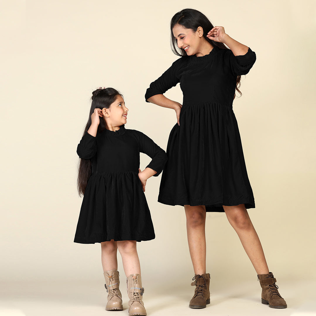 Black Samaira Velvet Dresses for Mom Daughter