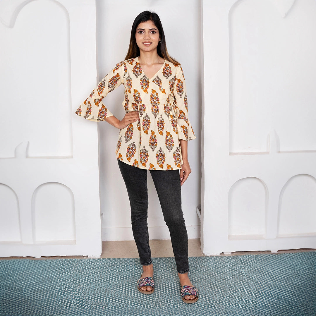 Women Peach Floral Angrakha Top