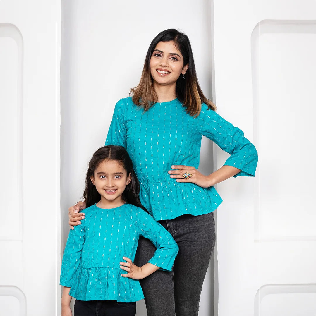 Twinning in Style Blue Silver Peplum Tops for Mom Daughter