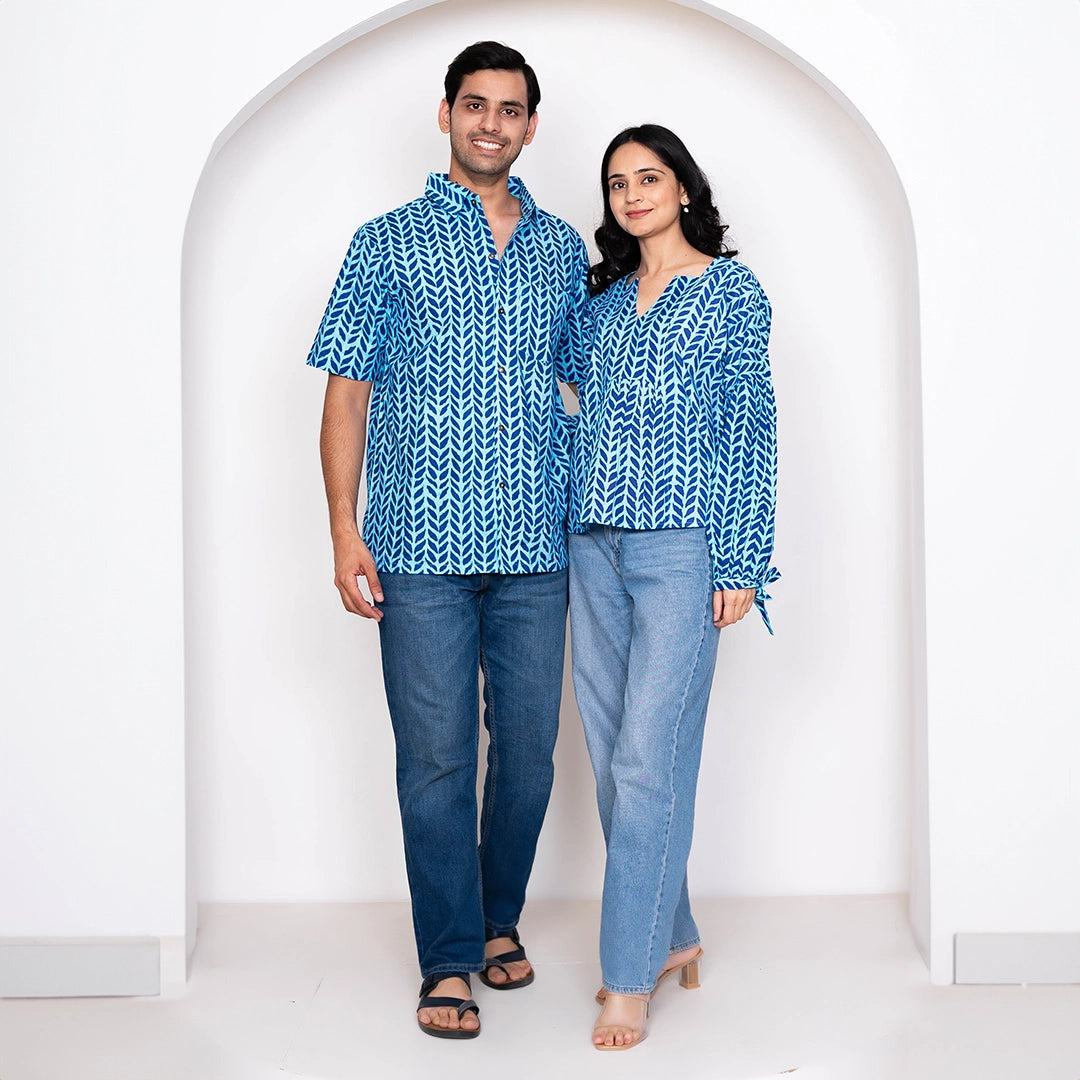 Blue Leaf Printed Matching Top & Shirt Couple Twin Set Blue Leaf Printed Matching Top & Shirt Couple Twin Set
