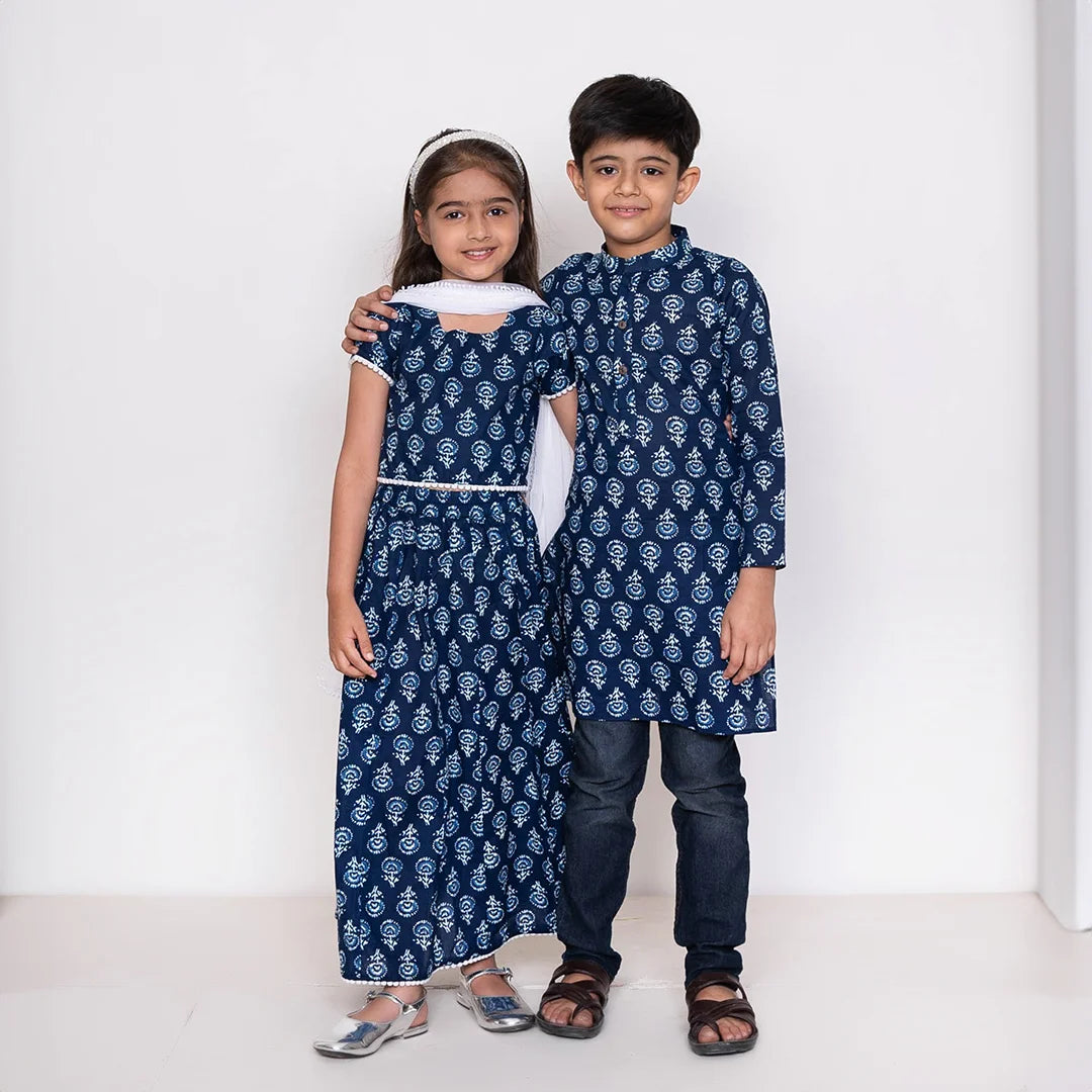 Navy Indigo Block Printed Matching Outfit for Brother and Sister