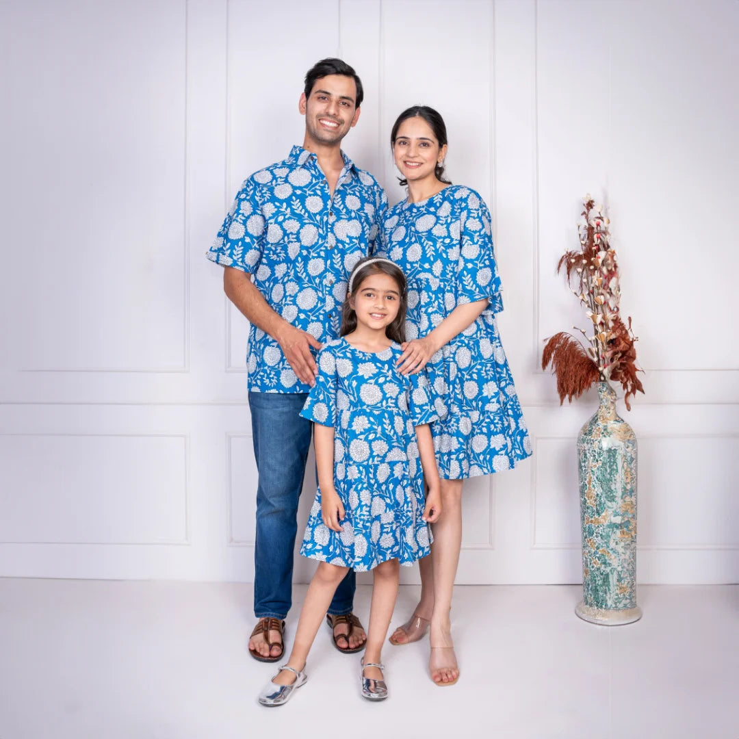 Blue Floral Printed Dress With Matching Shirt Family set Blue Floral Printed Dress With Matching Shirt Family set