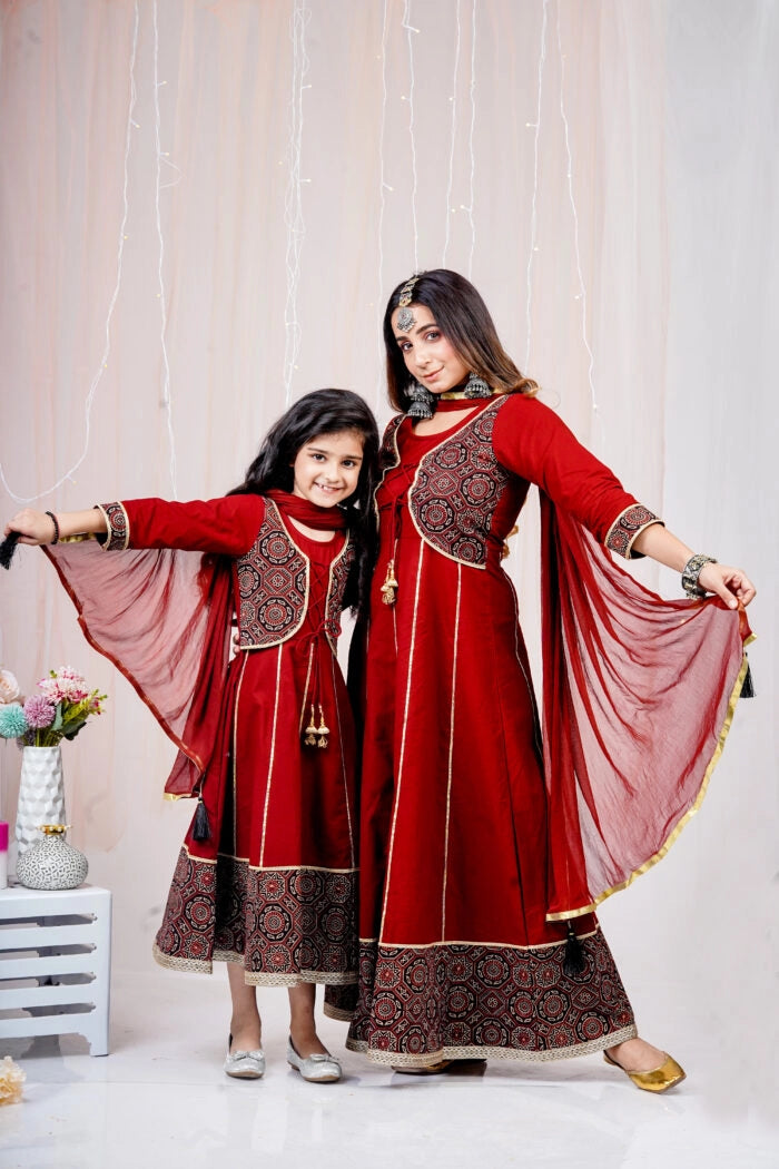 Maroon and Black Printed Anarkali Ethnic Mom and Daughter Matching Gowns