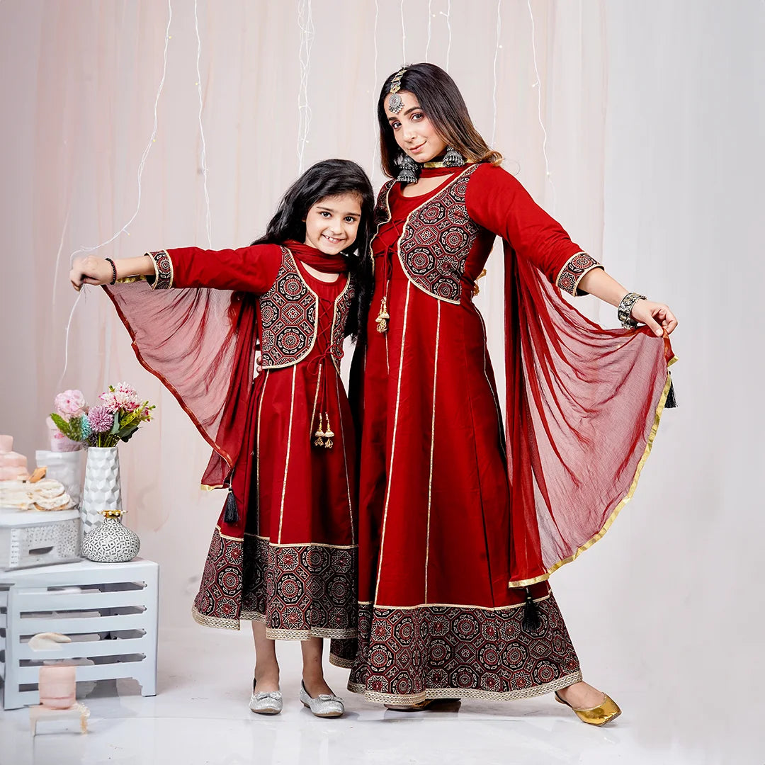 fitted lace wedding dress Maroon and Black Printed Anarkali Ethnic Mom and Daughter Matching Gow