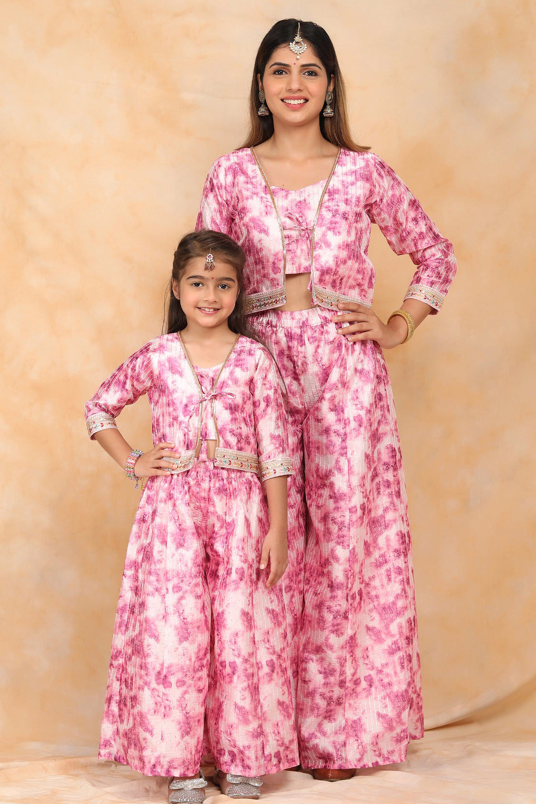 Floral Fuchsia Fiesta: Coordinated Crop Top and Palazzo Set for Stylish Mom and Daughter