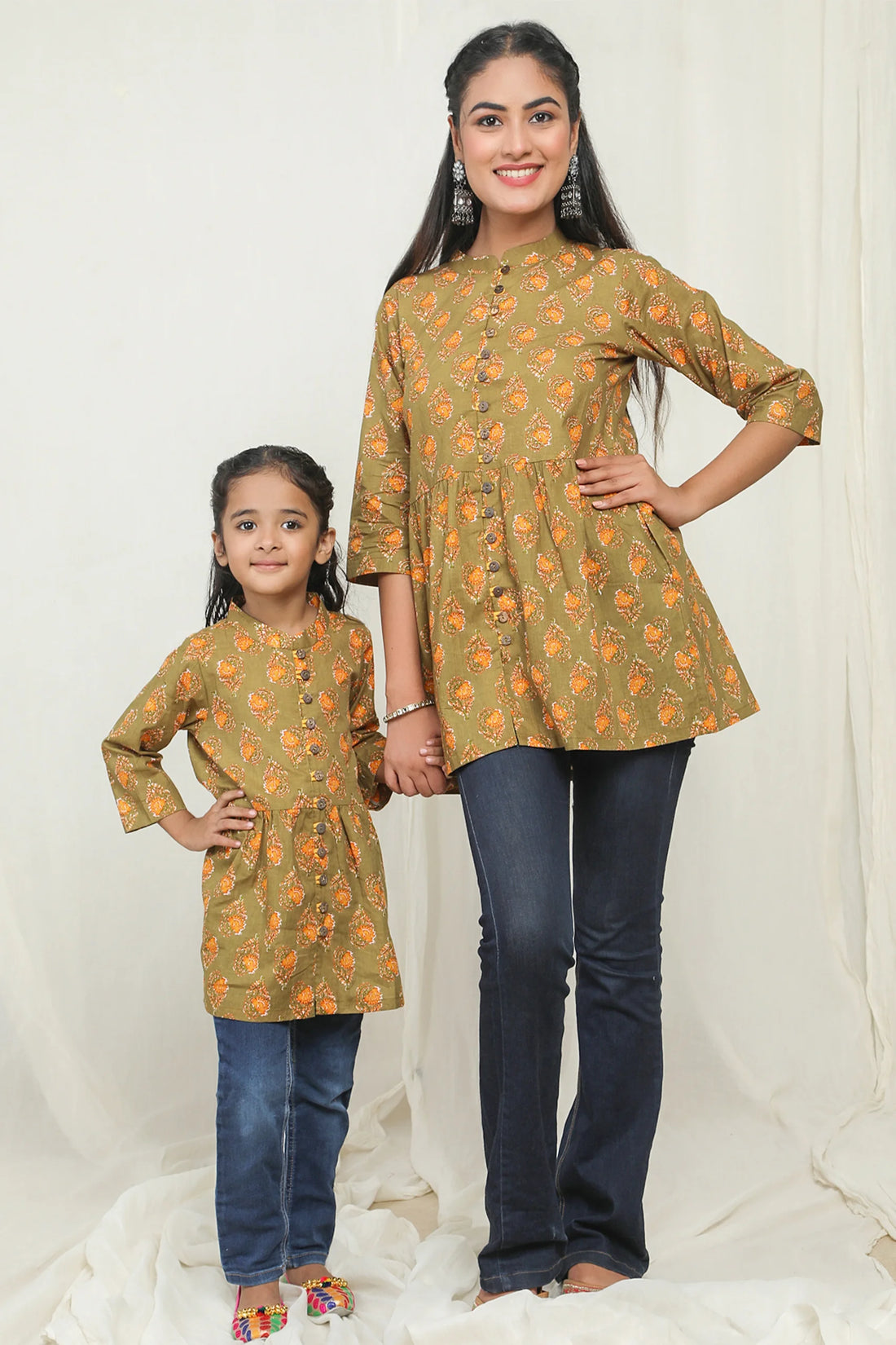 Matching Green and Yellow Printed Tops for Mother and Daughter