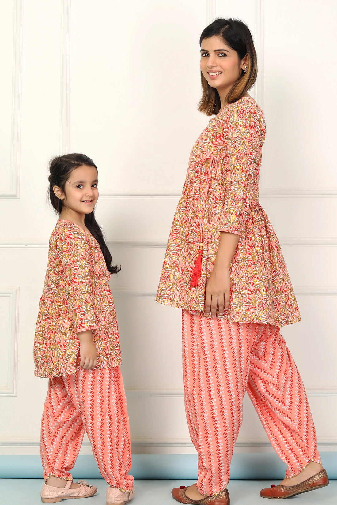 Matching Mother and Daughter Set: Hand-Block Printed Peach Peplum Kurti with Dhoti Pants