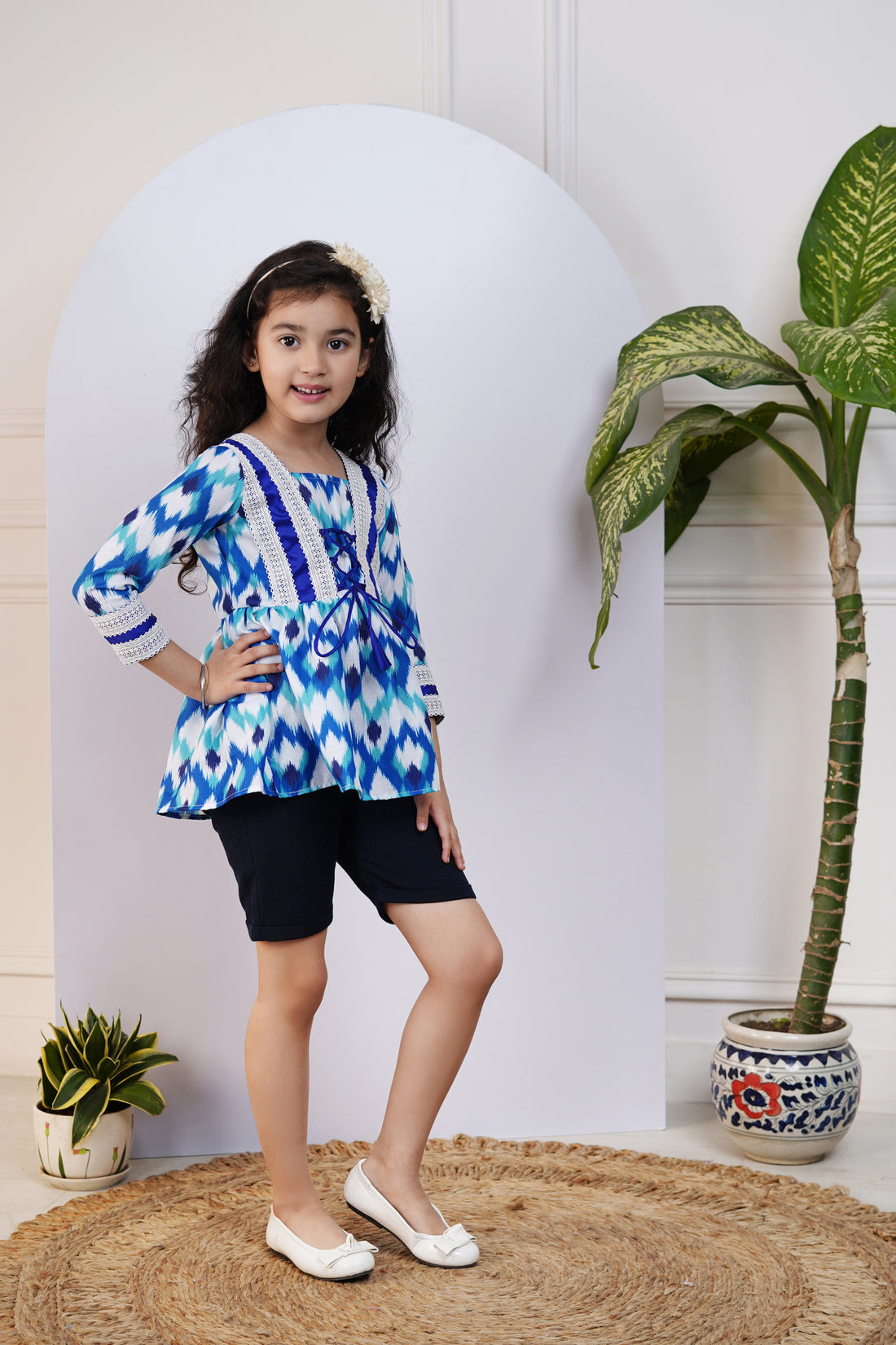Navy Blue Ikkat Printed Top for Kid