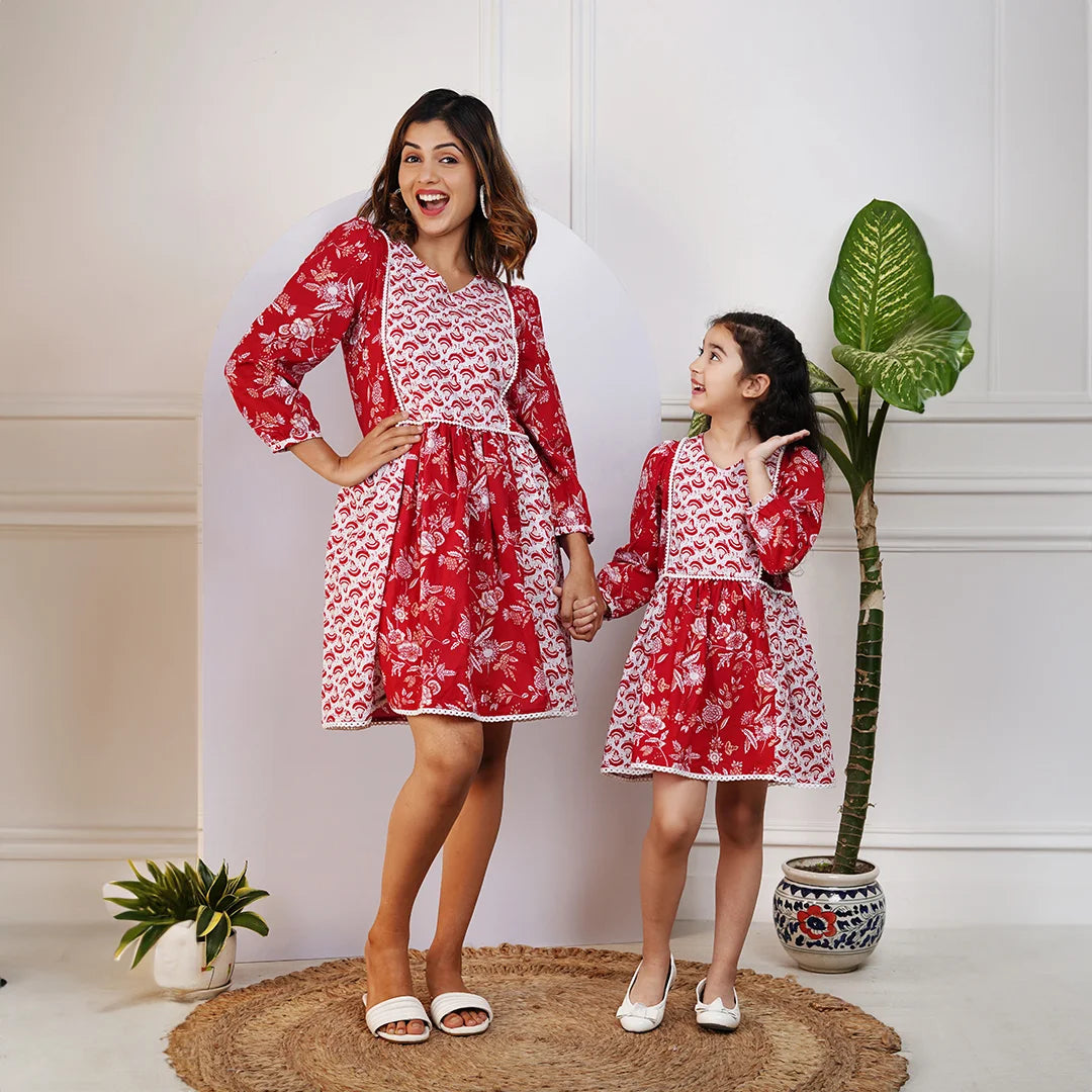 open lace back dress Matching Red and White Printed Dresses for Mom and Daughter