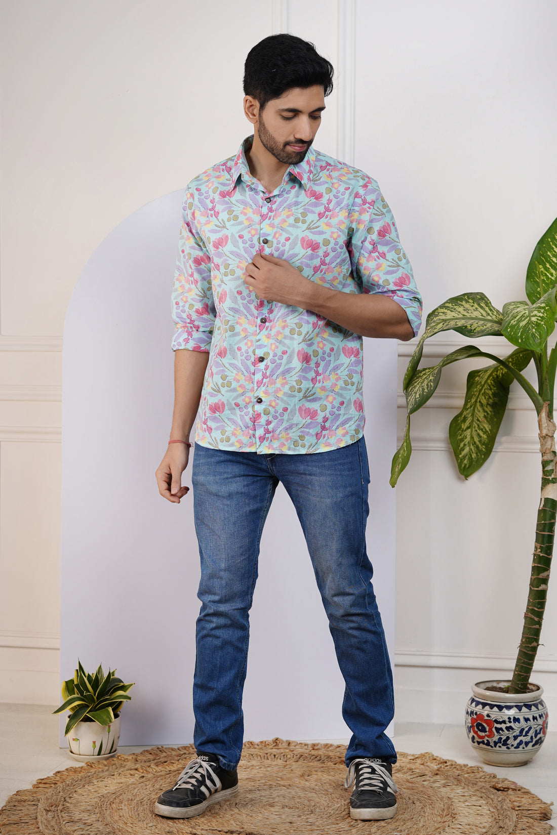 Sky Blue and Pink Floral Shirt for Men