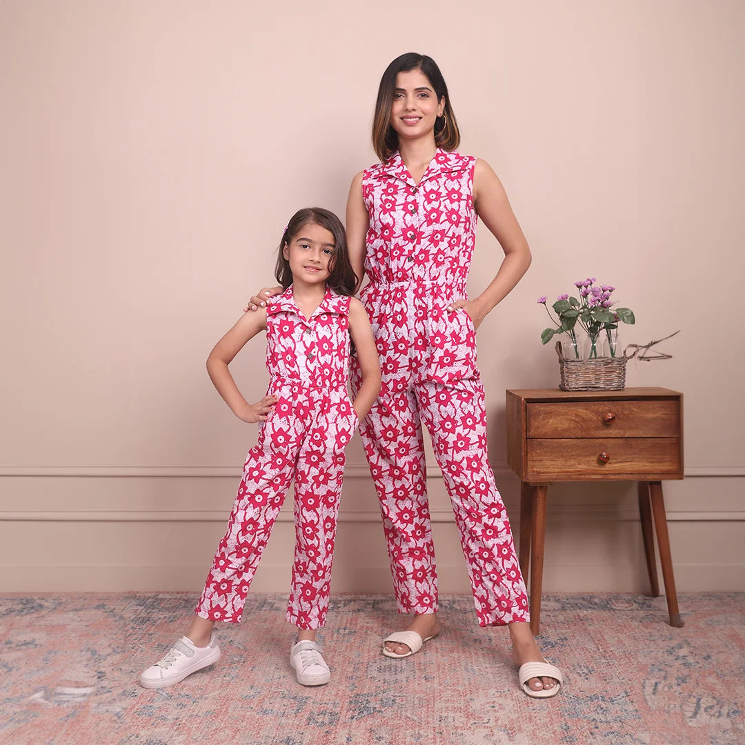Fashionably Fuchsia: Sleeveless Collared Cotton Jumpsuit Mom and Daugh