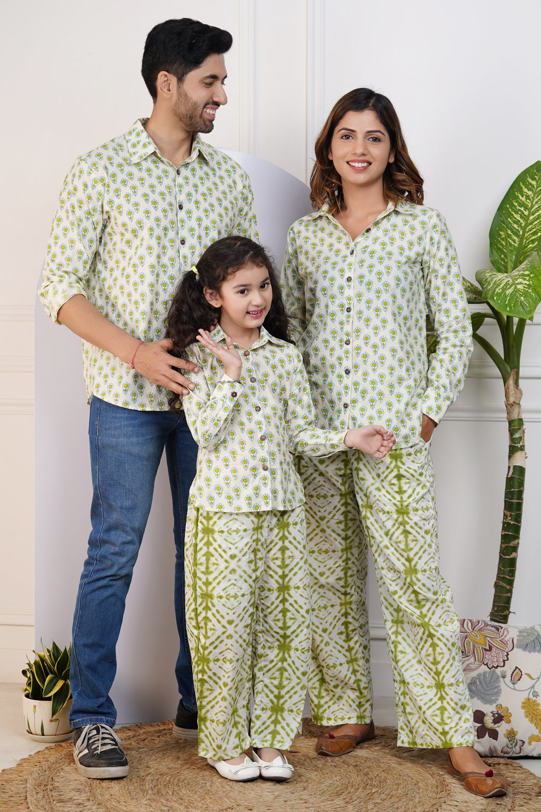 Refreshingly Stylish Green Printed Shirt with Comfy Pants And Matching Shirt Family Matching Set