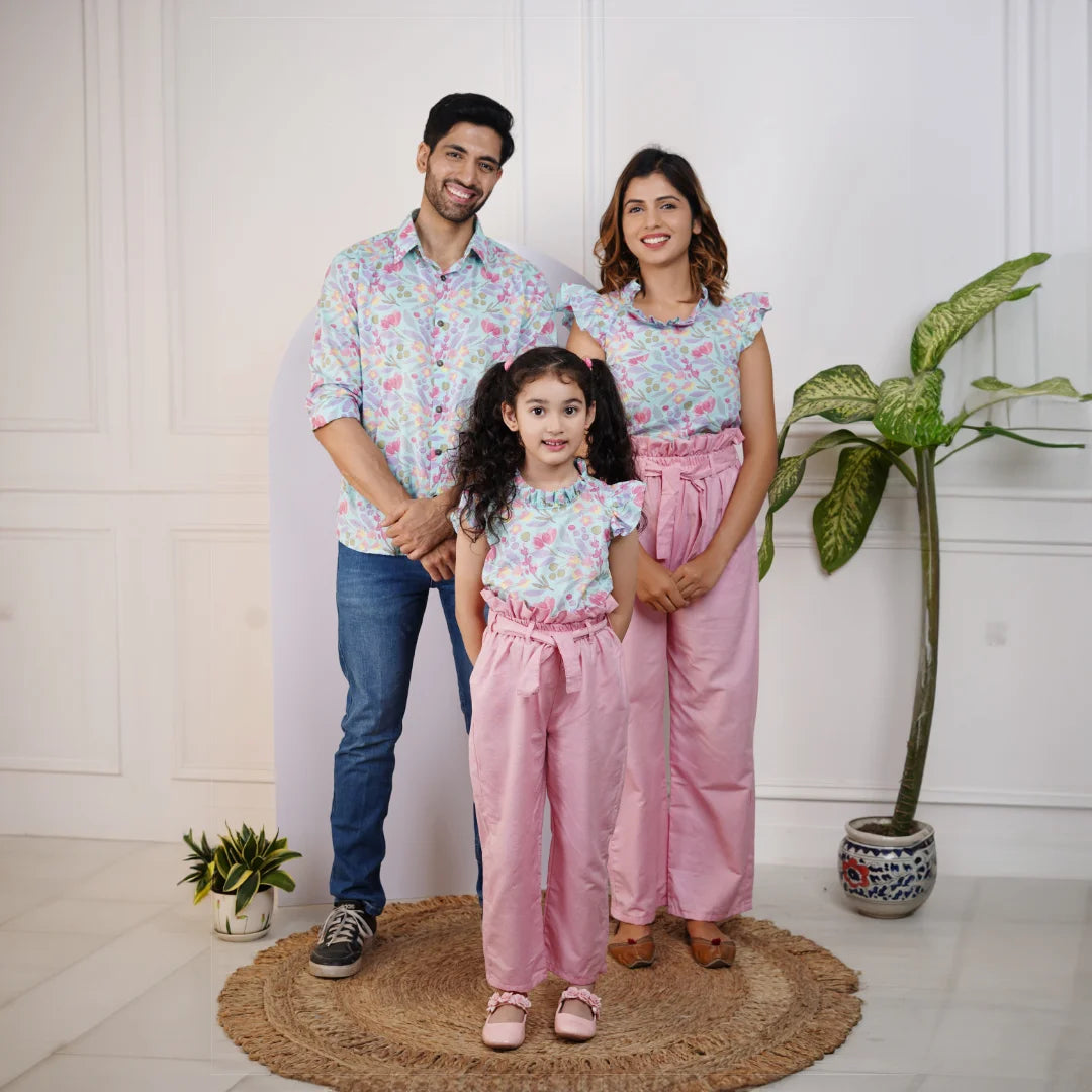 Pink Shirt Blue Pants Girl Sky Blue Floral Printed Top With Pretty