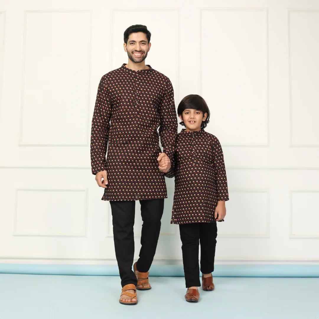 Pajama Set Kurta Pajama For Dad And Son Black Printed Short