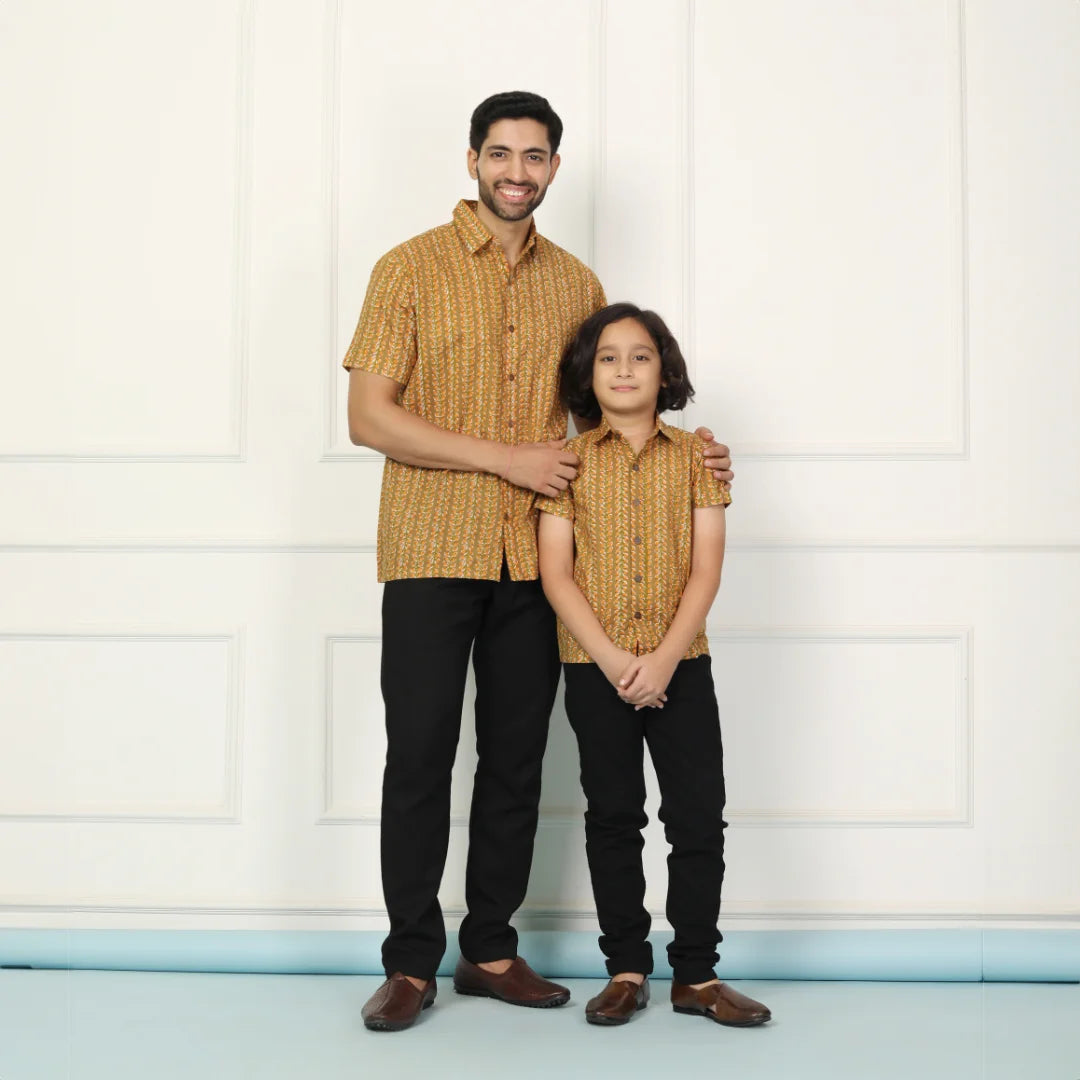 Stylish Mustard Matching Shirt Father Son Twin Set - Main Image