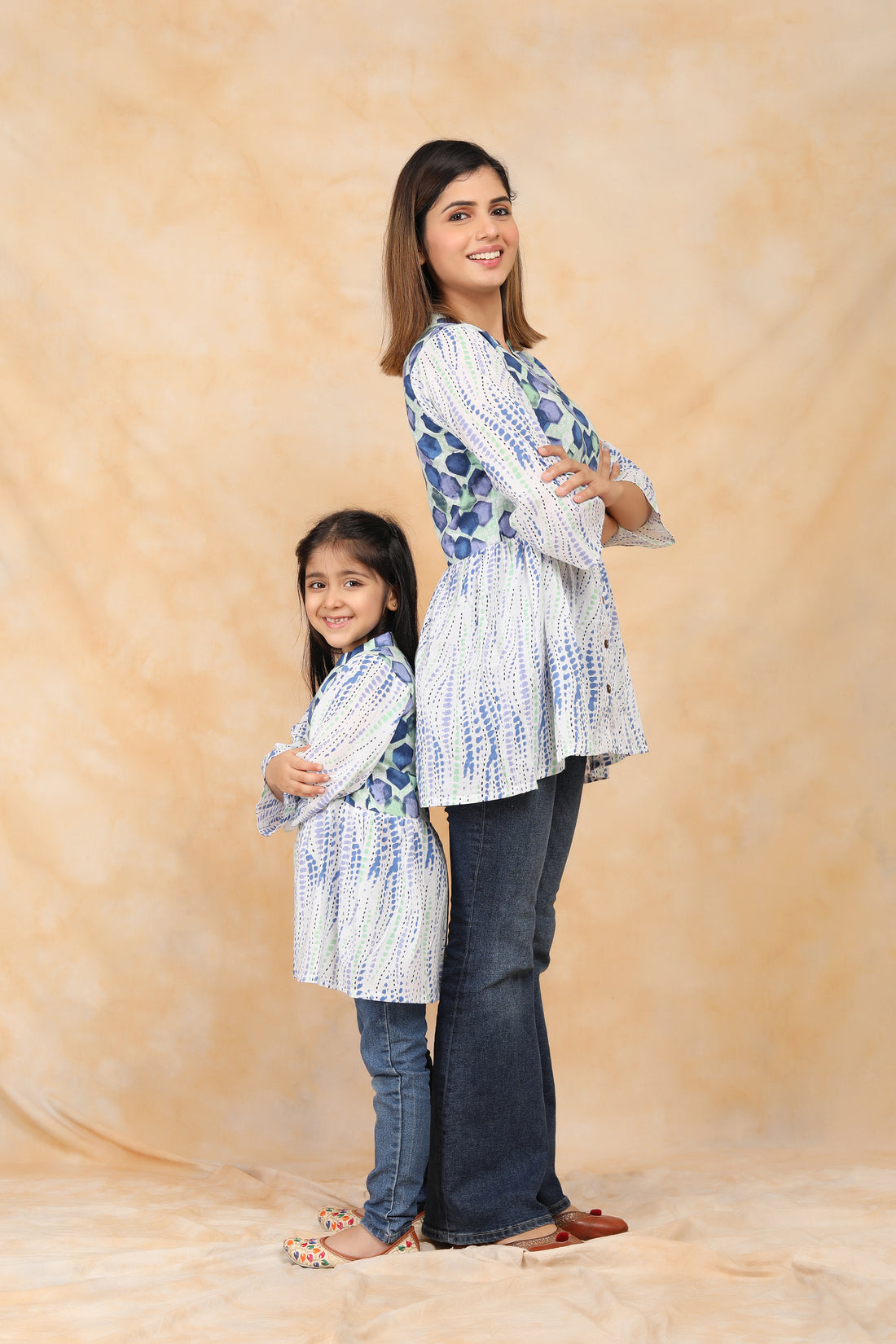 White and Blue Block printed Top with Matching Shirt Mother and Daughter Twin Set