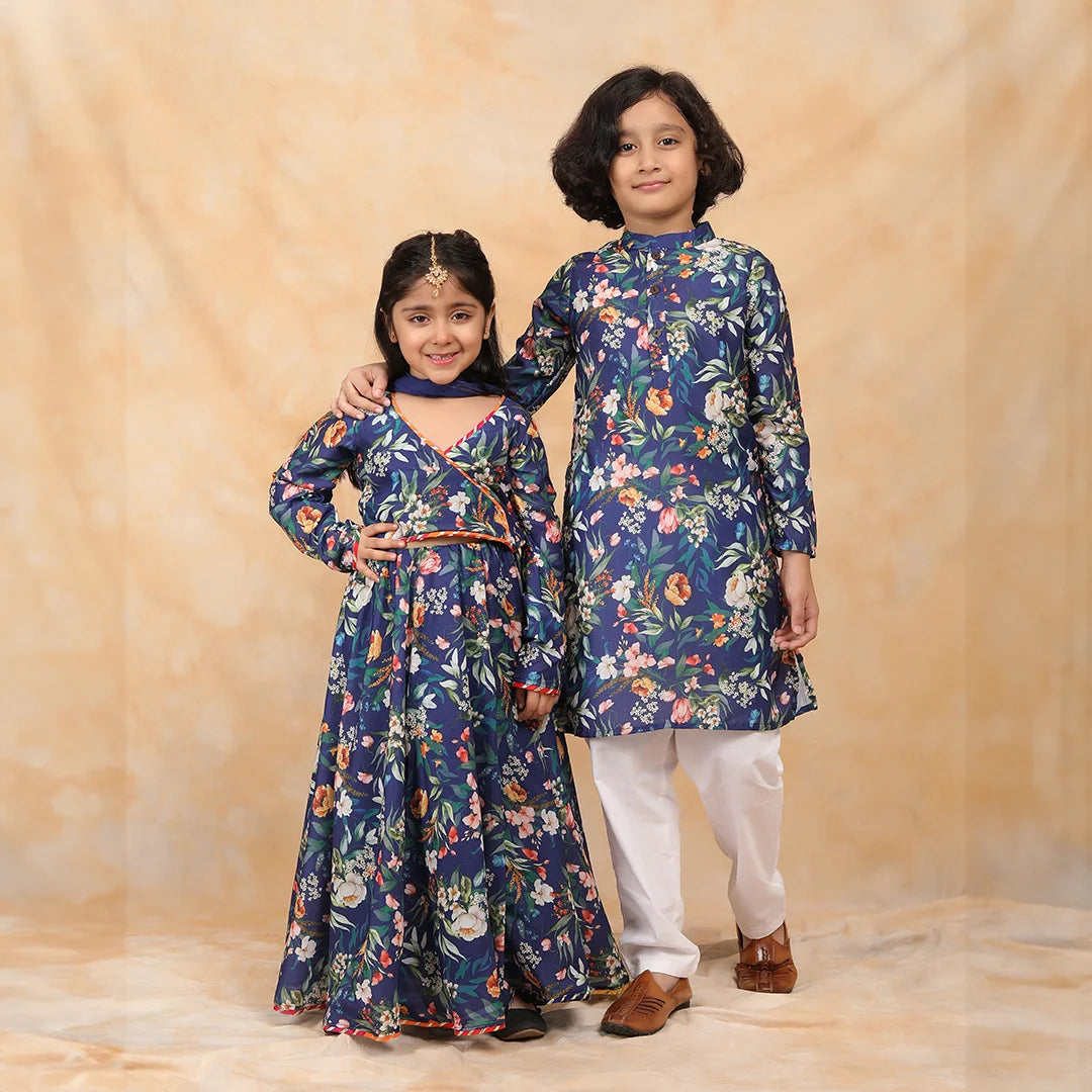 Stylish Navy Floral Crop Top with Lehenga and Kurta Pyjama Twin Set for Siblings