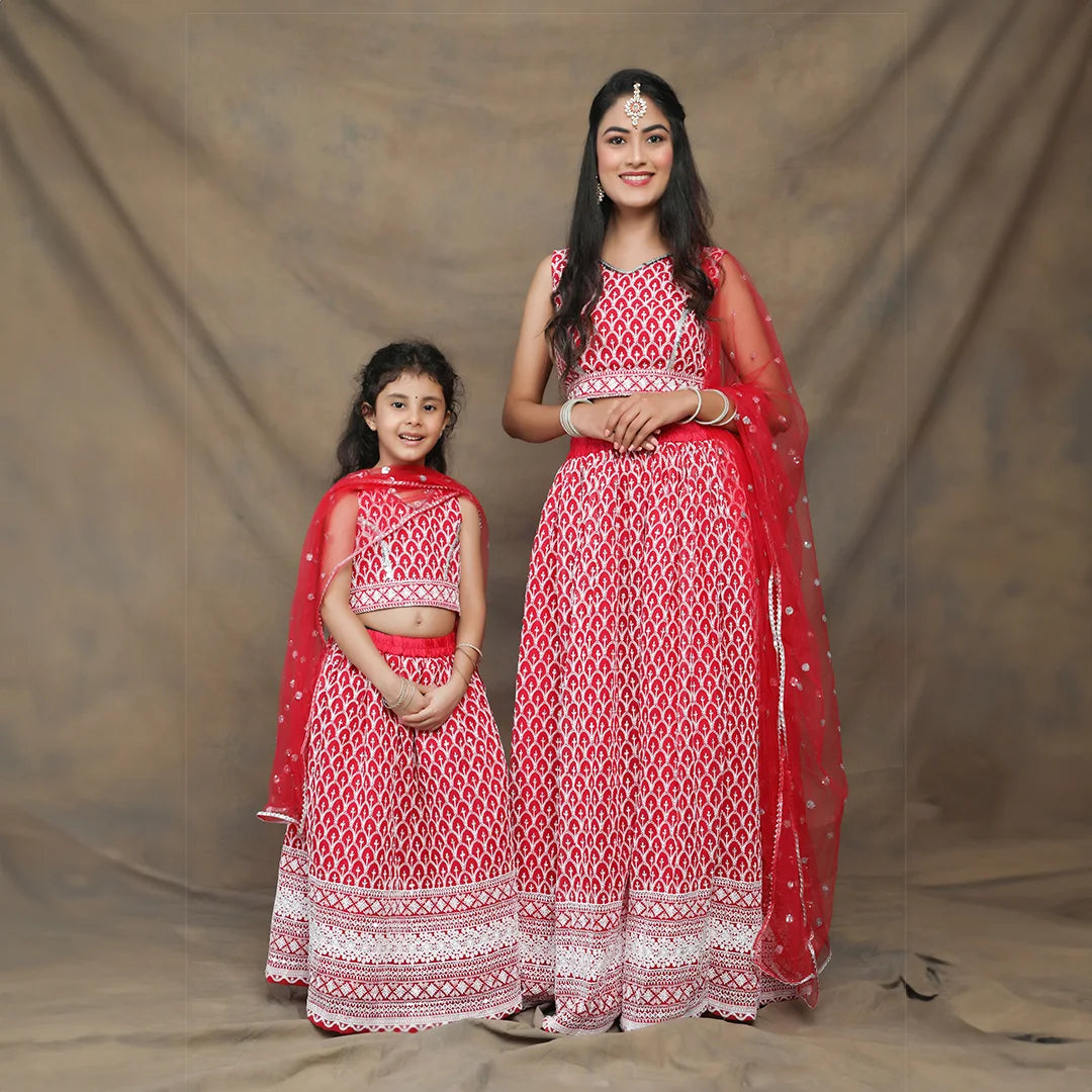 Hand-Embroidered Jharokha Print Twinning Set for Mom + Father  + Daughter