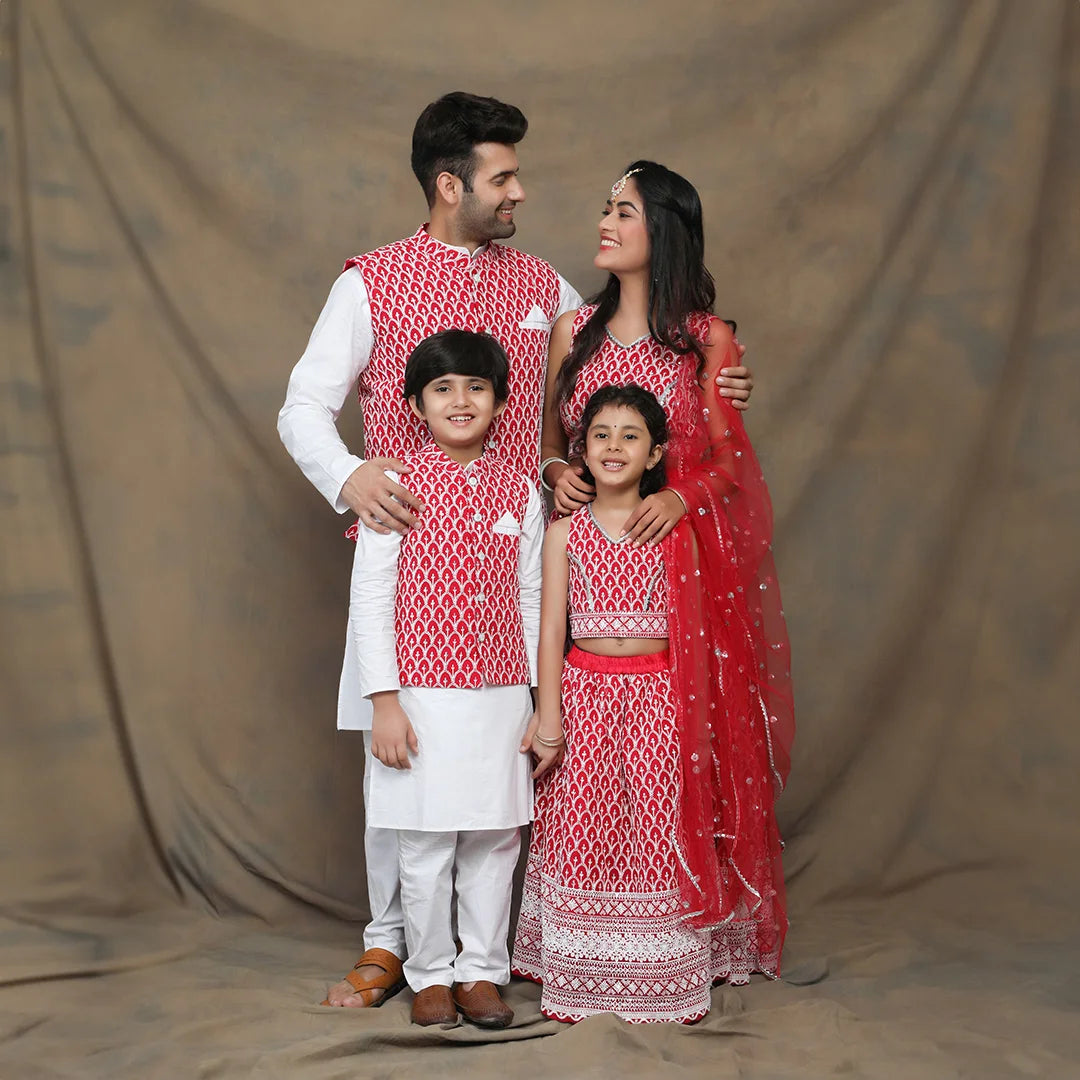 Ethnic Family Matching Set Fuchsia And White Thread Work Embroidery