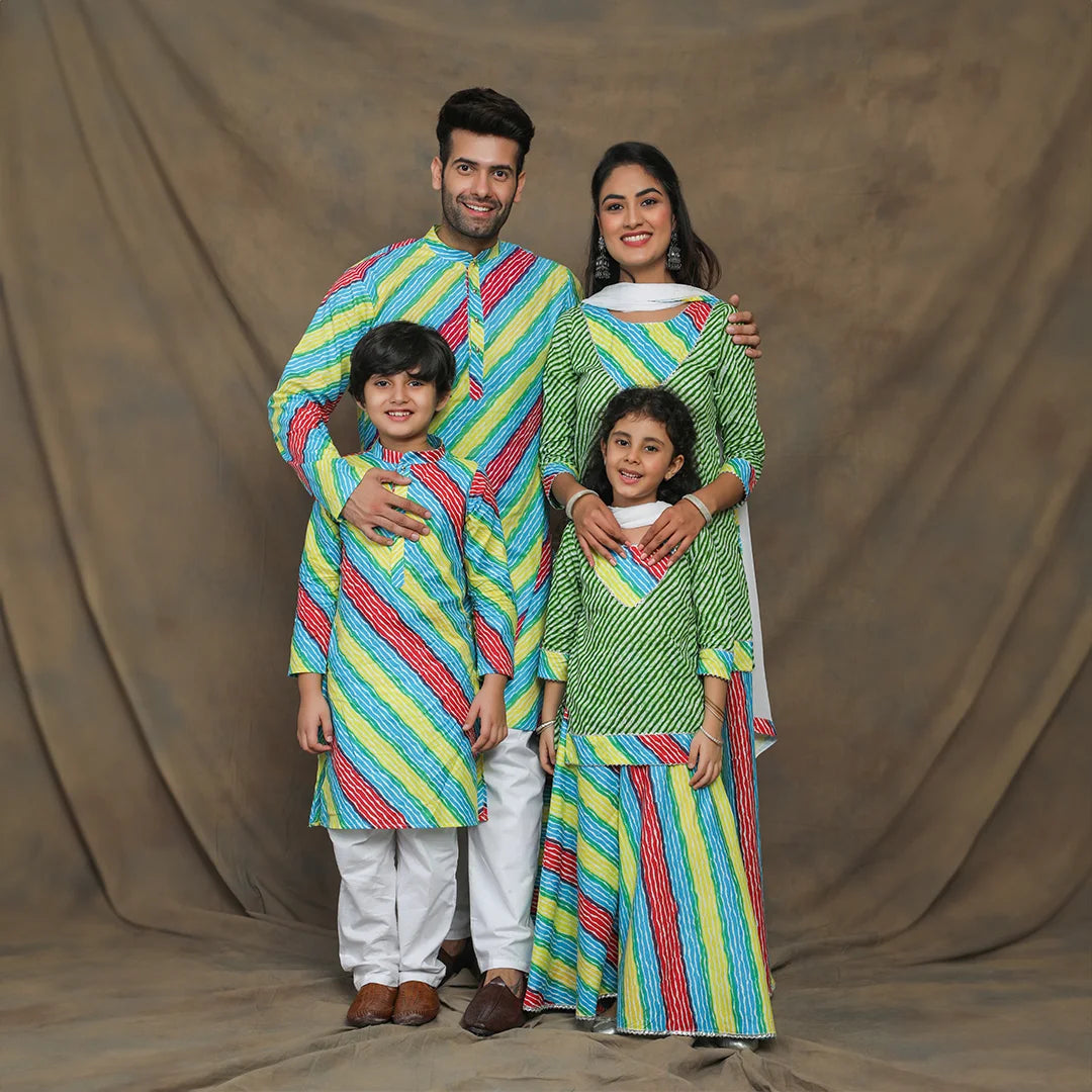 Vibrant Green And Multicolored Leheriya Family Twin Set