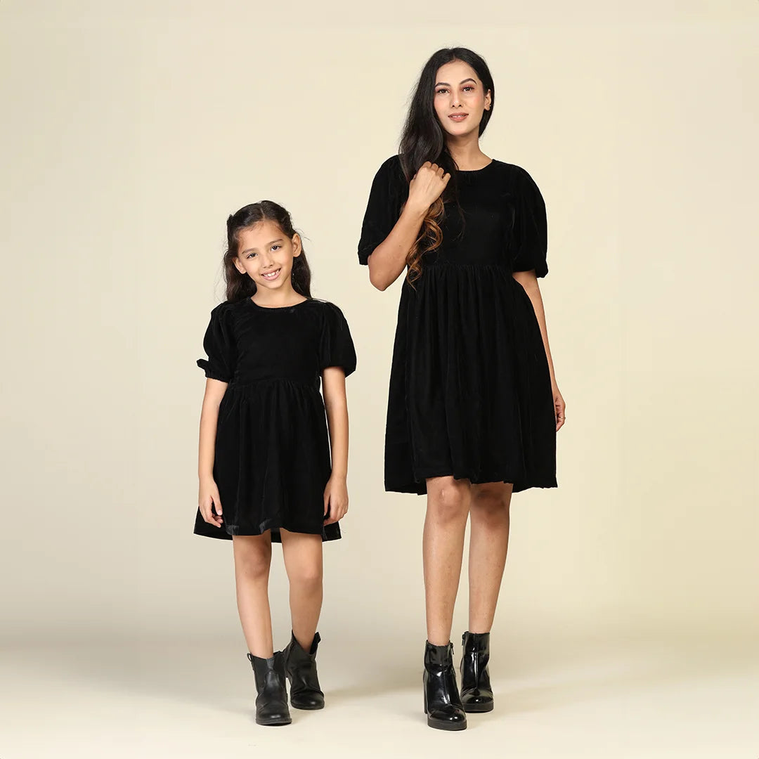 Black Velvet Skater Dress Set for Mom Daughter Stylish Matching Outfits