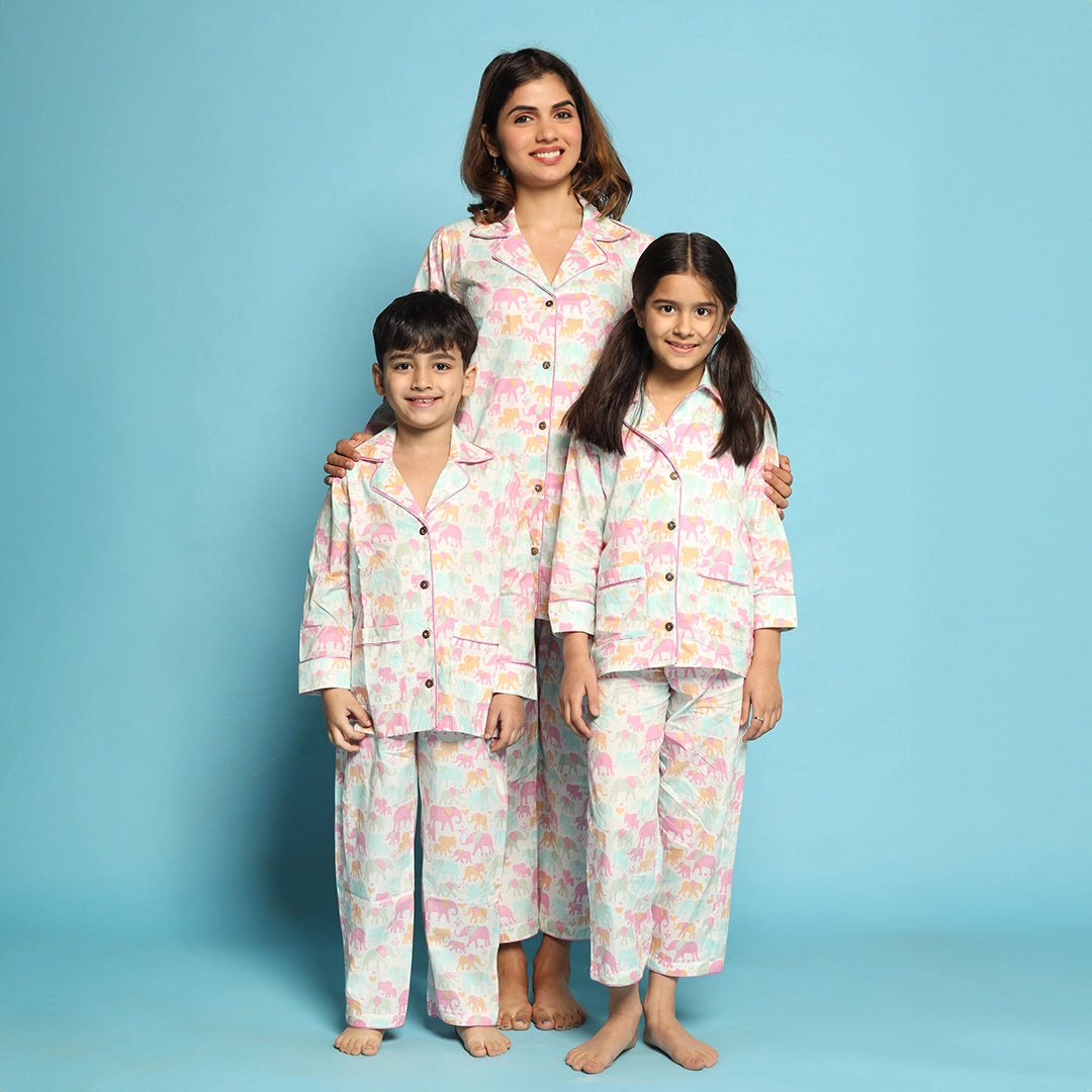 White Elephant Print Matching Night Suit Set For Mom, Daughter And Son
