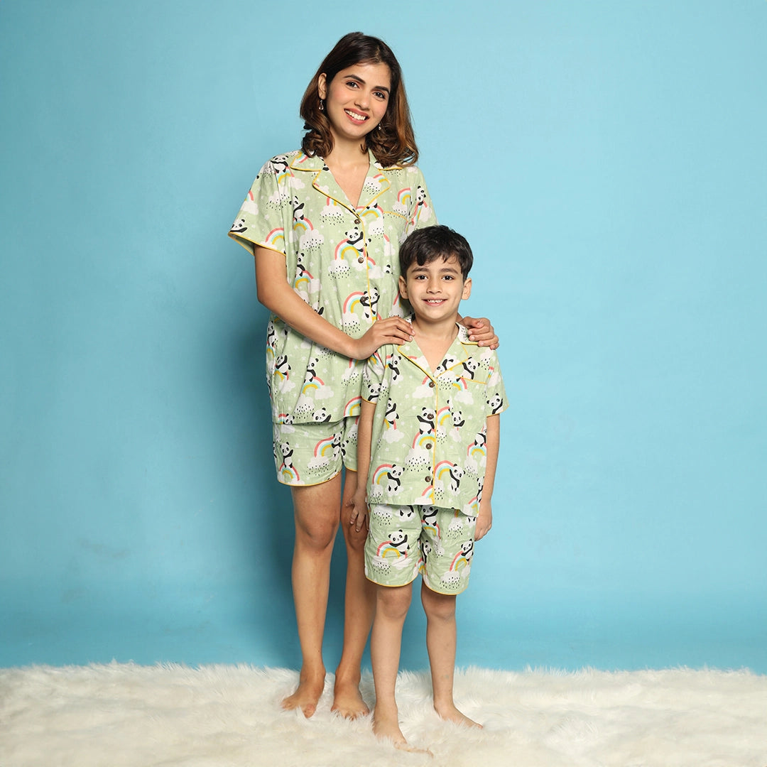 Sea Green Matching Night Suit For Mom and Son