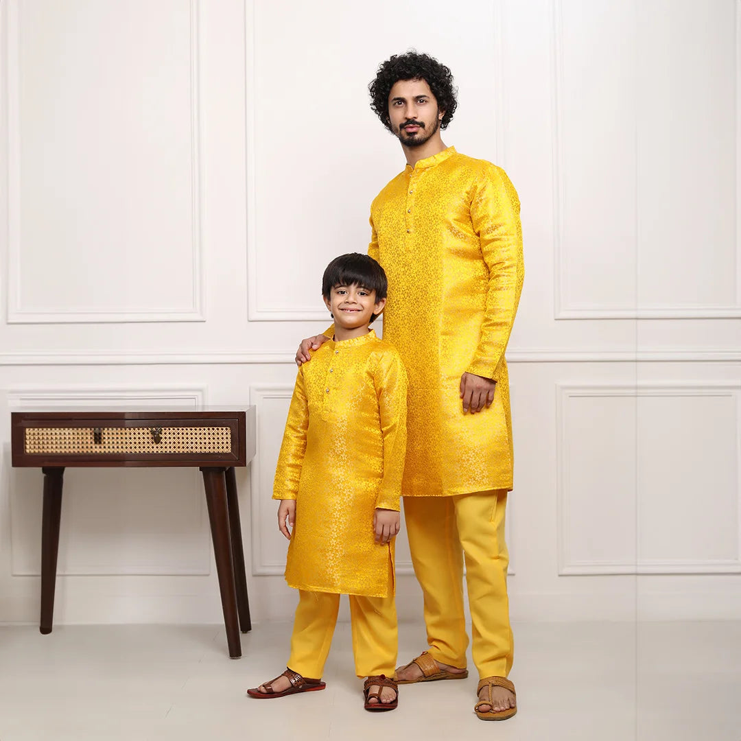 Bright Yellow Silk Kurta Pyjama Father Son Twin Set