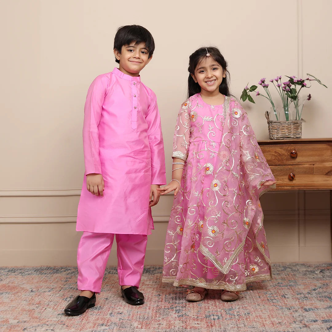 Elegant Ethnic Twin Set: Rouge & Silver Gota Patti Gown with Kurta Pyj