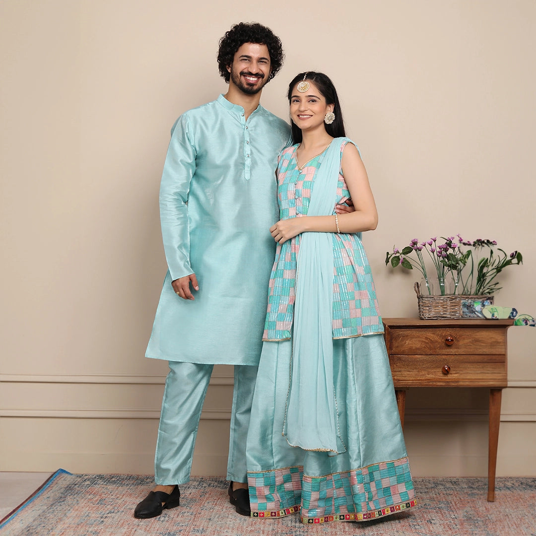 Kurta Best Couple Matching Clothes Aqua Blue Lehenga And