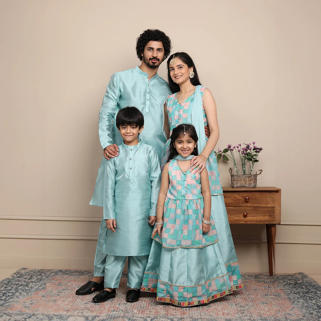Shining Aqua Blue Lehenga and Peplum Top Set With Matching Kurta Pyjam