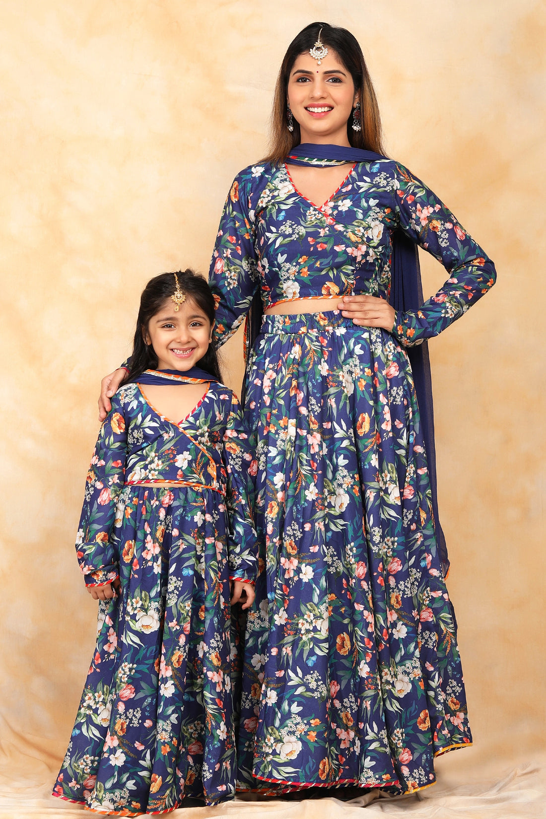 Navy Floral Crop Top and Lehenga Set with Matching Dupatta - Coordinated Outfits for Mom and Daughter