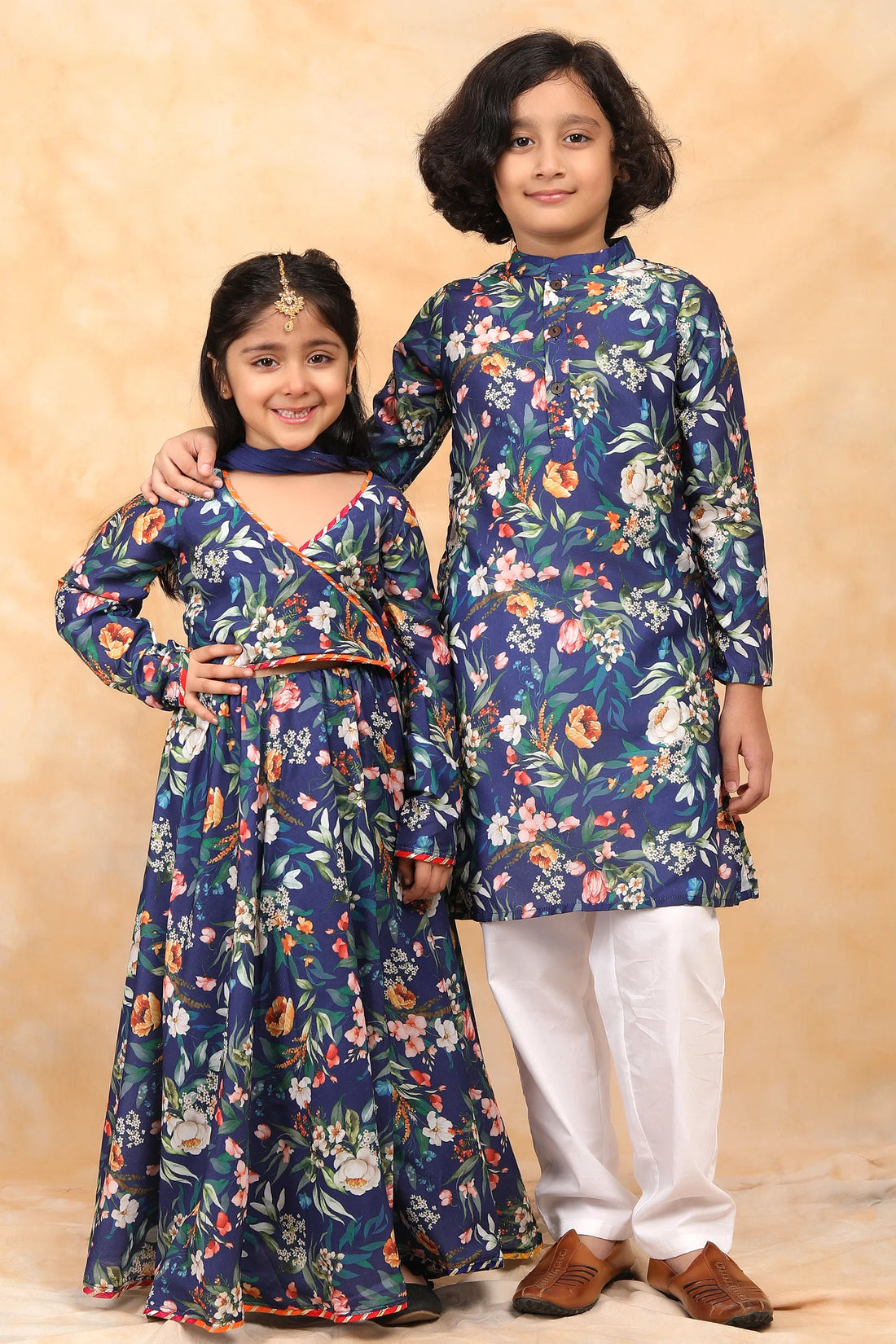 Stylish Navy Floral Crop Top with Lehenga and Kurta Pyjama Twin Set for Siblings