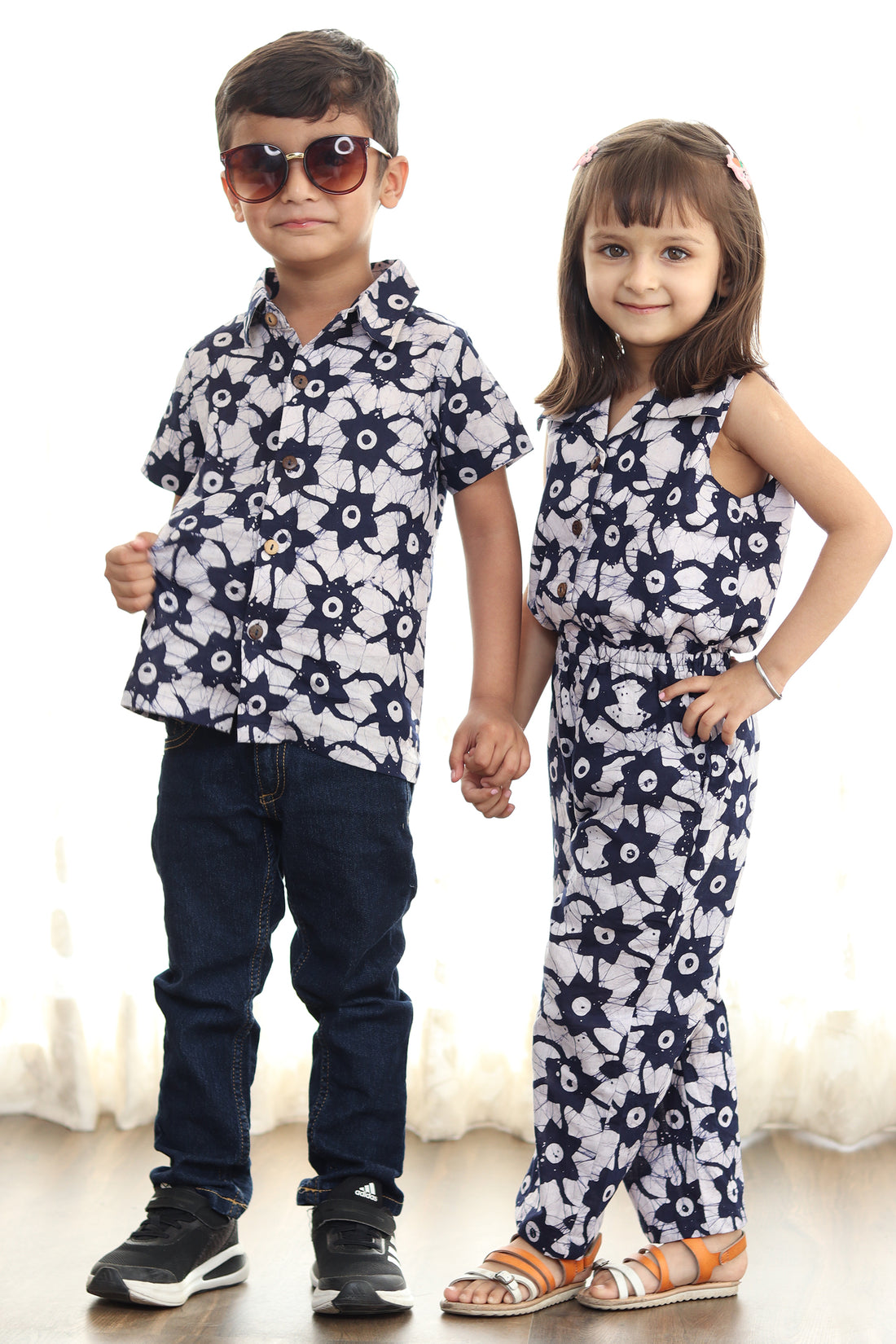 Navy Blue and White Printed Jumpsuit with Shirt Brother & Sister Twin Set