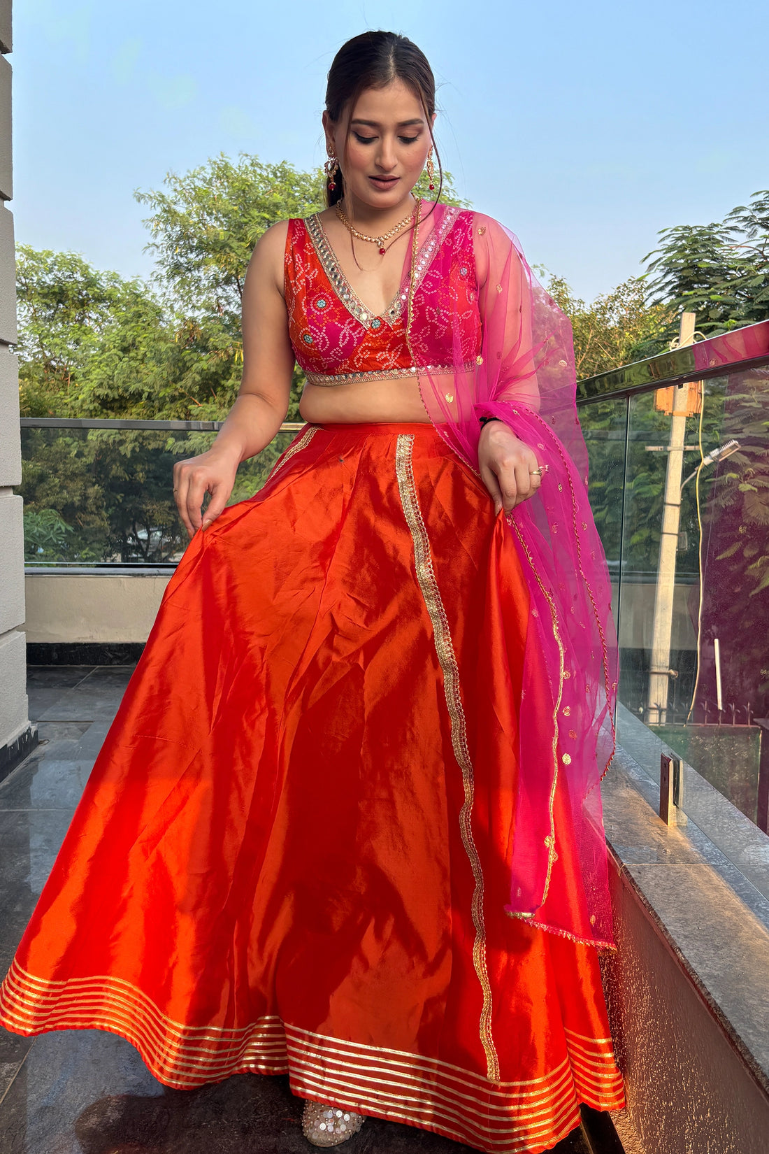 Fuchsia Orange Leheriya Lehenga Set For Women