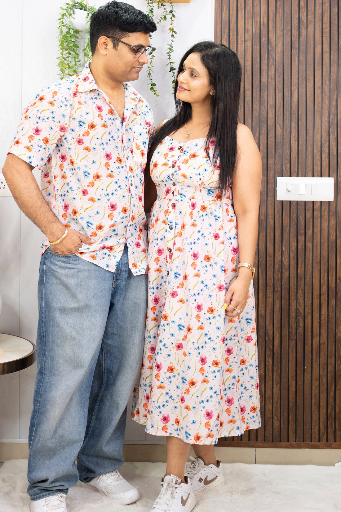 Peach Floral Printed Maxi Dress with Matching Shirt for ( Couple Twin Set )