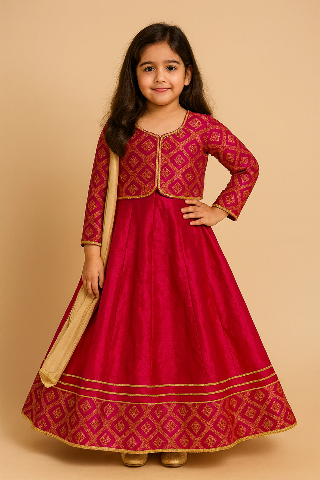 Fuchsia Brocade Anarkali Set For Girl