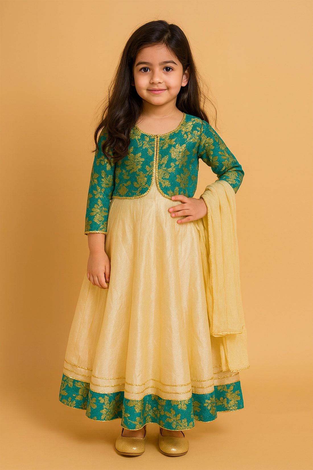 Dark Green & Golden Brocade Anarkali Set For Kid