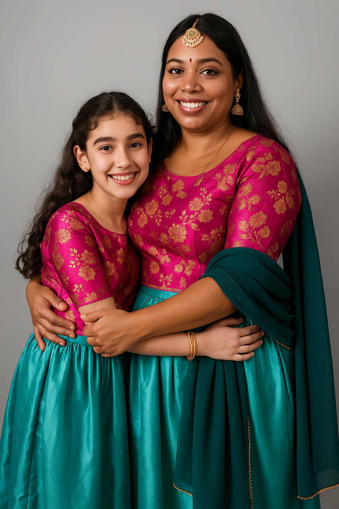Rani Pink Brocade Blouse With Green Lehenga For  Mom And Daughter