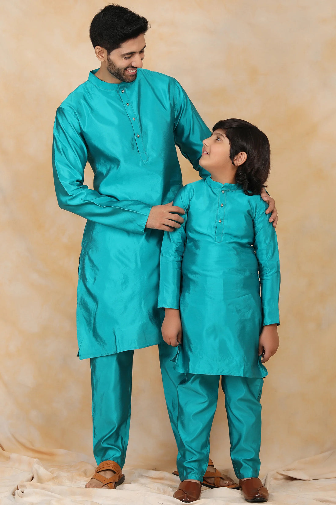 Exquisite Peacock Blue Ethnic Matching Kurta Pyjama Father & Son Twin Set