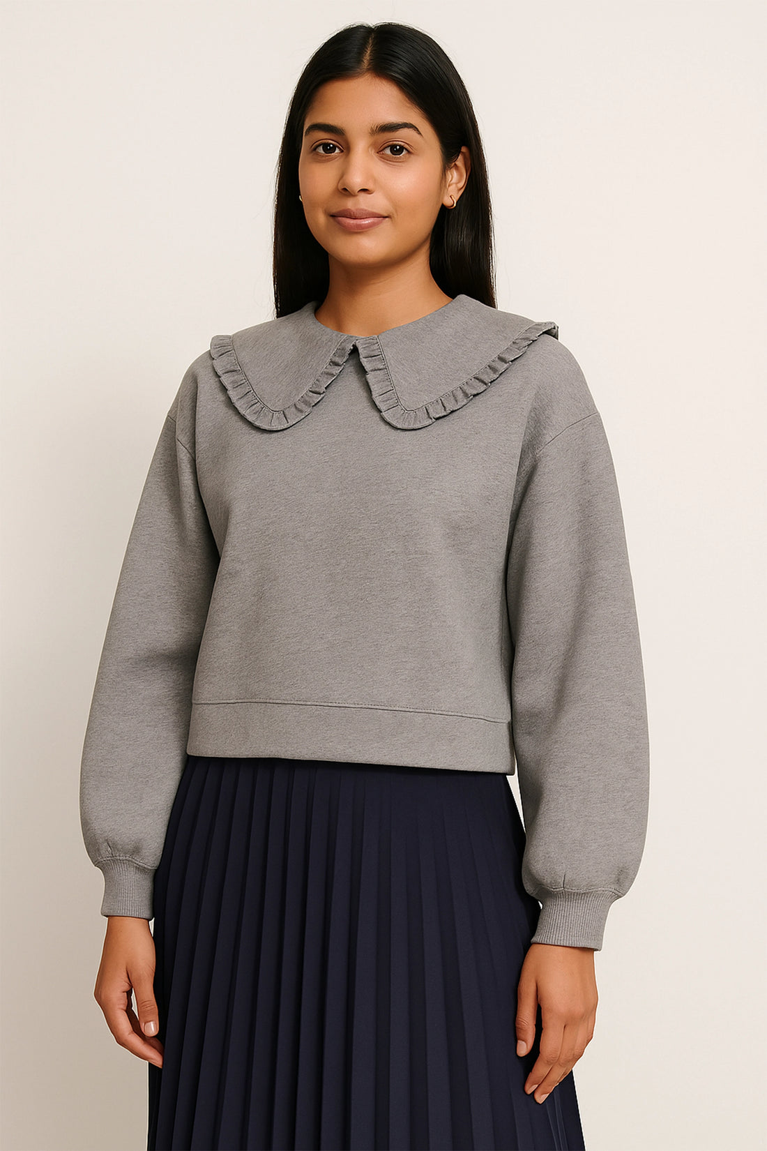 Ruffle Collar Grey Pullover Sweatshirt