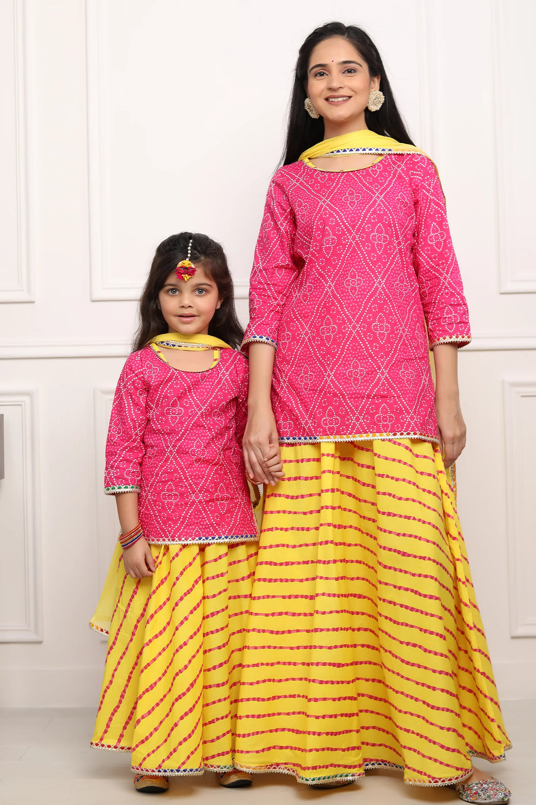Fuchsia Jaipuri Kurta & Yellow Leheriya Lehenga Matching Mom and Daughter Twin Set