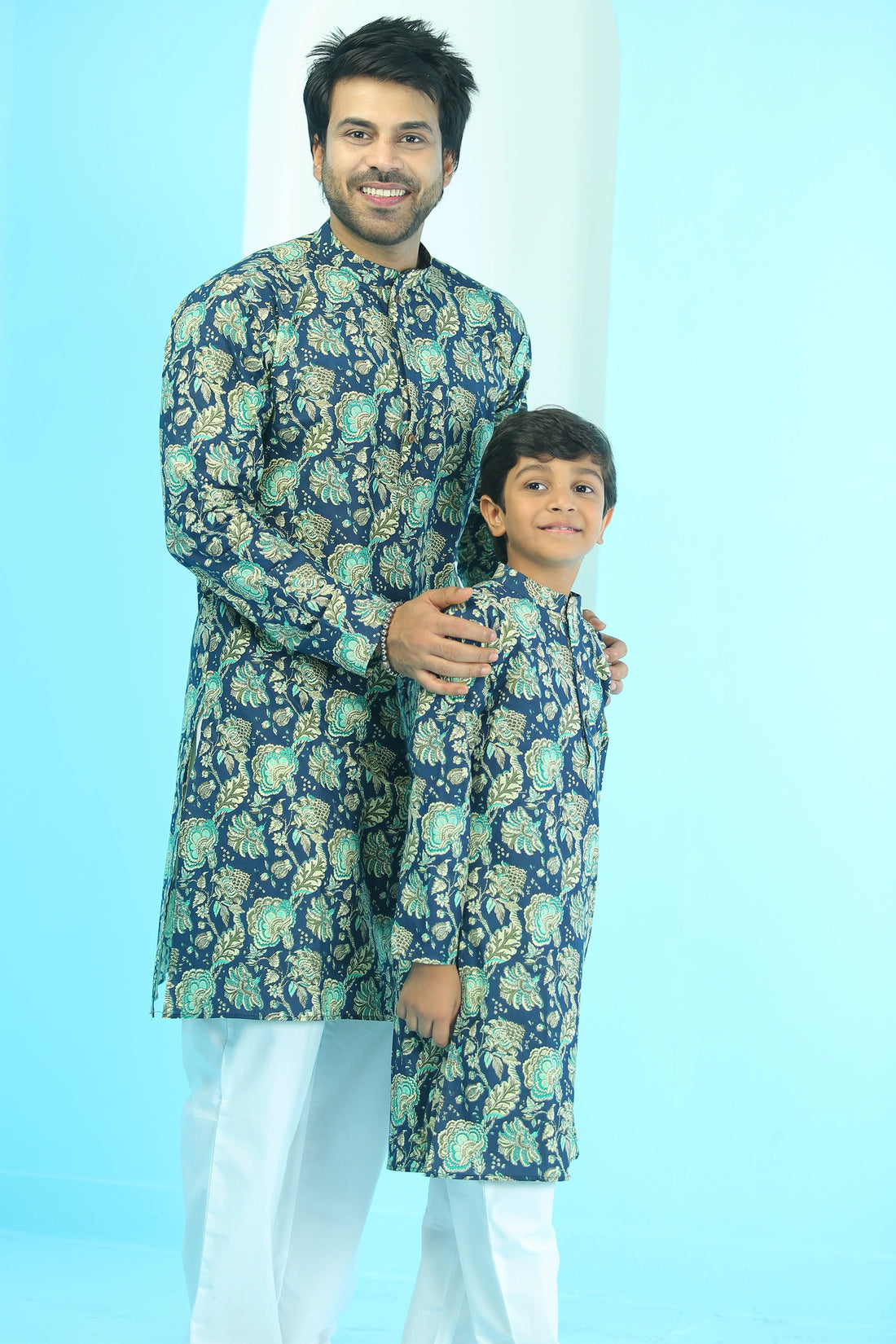 NAVY BLUE FLORAL KURTA WITH WHITE PYJAMA ( FATHER AND SON TWIN SET )