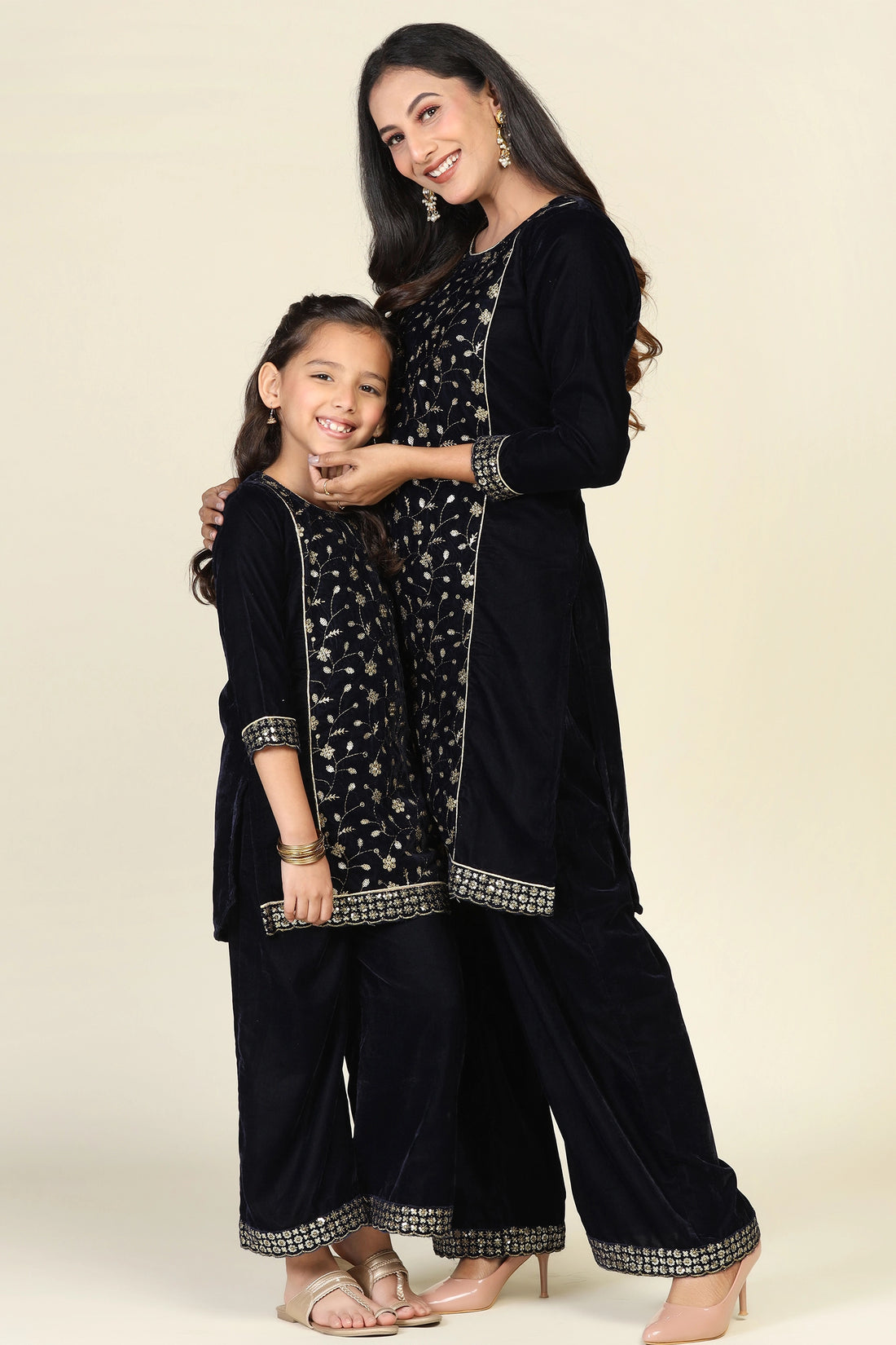Navy Velvet Zari Matching Suit Set for Mom and Daughter - Elegant Duo
