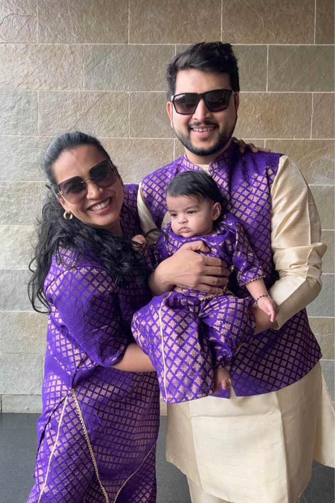 Exquisite Brocade Purple Plazzo Suit and Matching Kurta Pyjama with Jacket ( Family Twin Set )