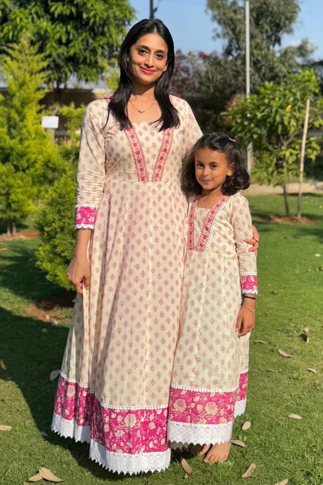 Cream & Rouge Anarkali Kurti set For Mom And Daughter