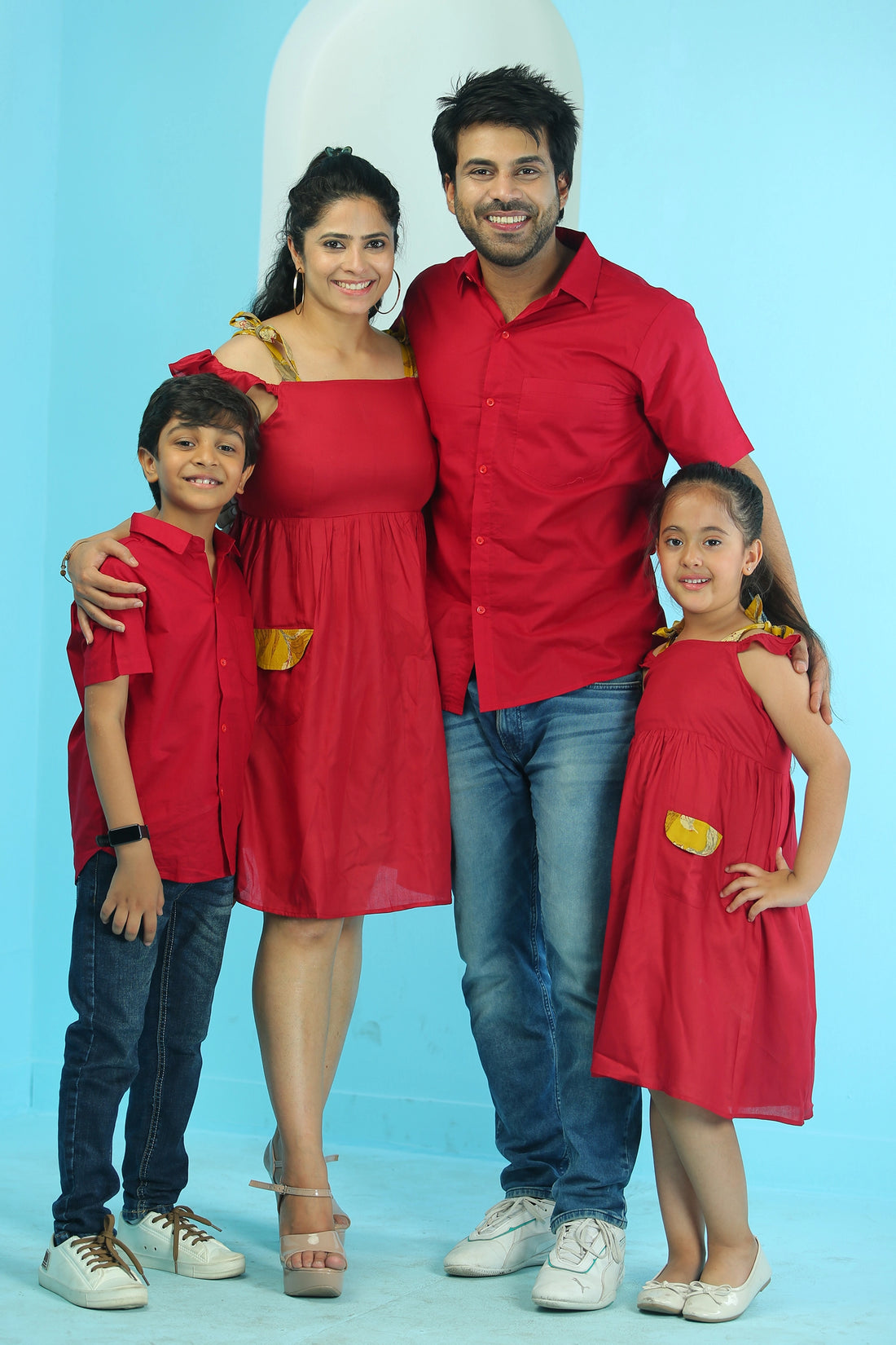 Maroon Cotton Off-Shoulder Ruffle  Family Set With Matching Dress & Shirt